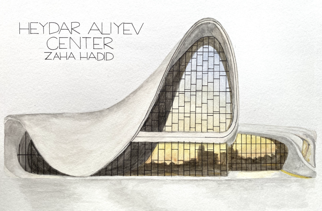 Watercolor architectural illustration of the Heydar Aliyev Center by Zaha Hadid, featuring
It's iconic fluid, sculptural form and expansive glass façade.