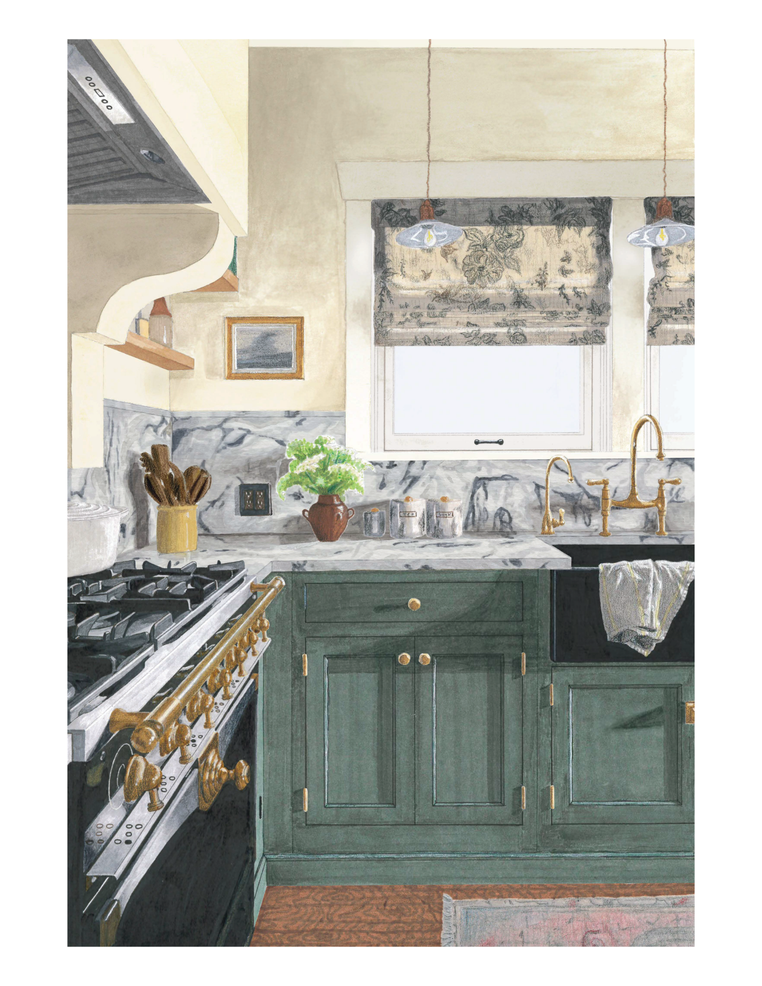 Hand rendering of a kitchen originally designed by Studio Laloc with sage green cabinetry and marble countertops , using watercolor, alcohol markers, colored pencils and gel pens.