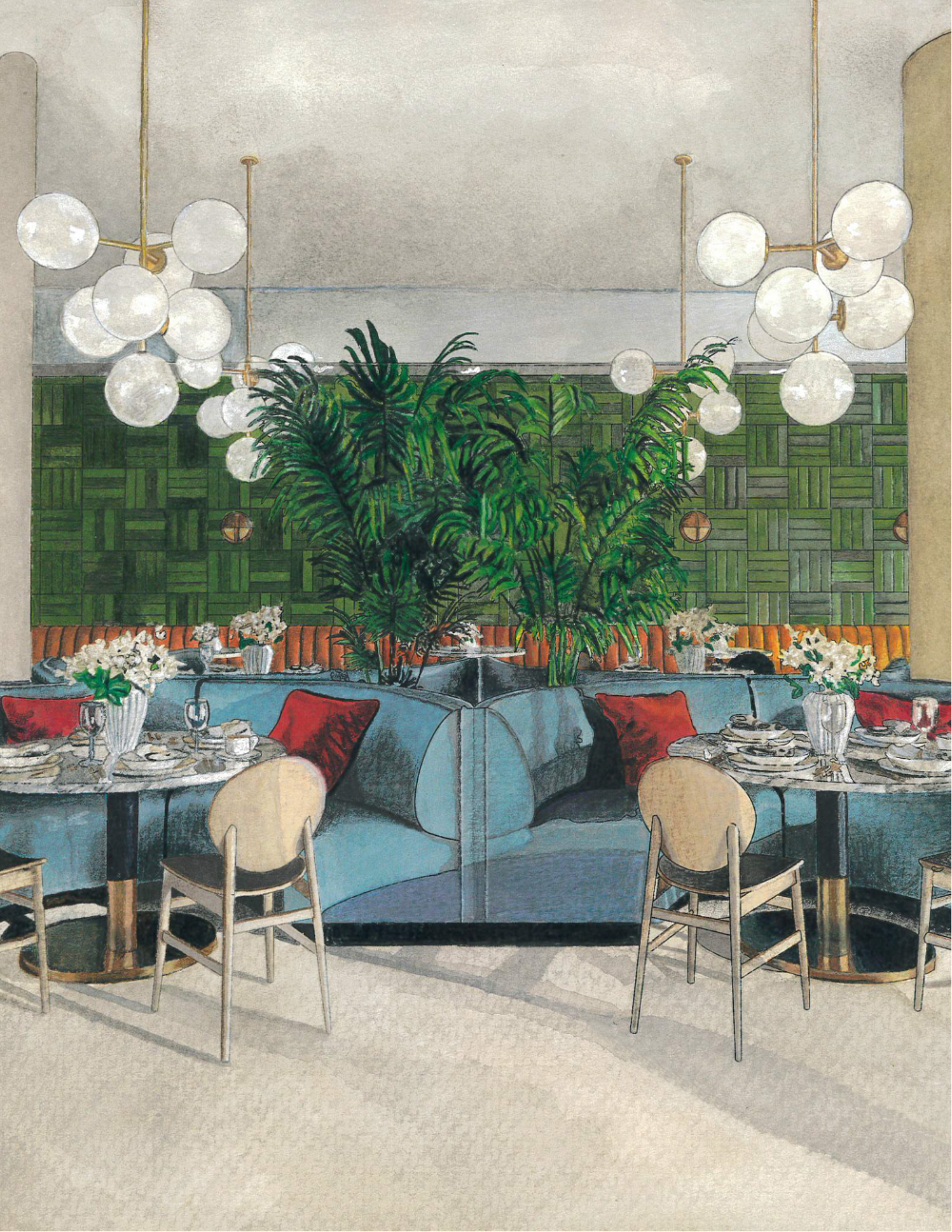 A mixed media rendering of a chic dining area featuring curved teal banquettes with red accent pillows and marble-topped tables. Large globe chandeliers hang above the seating, while a vibrant green textured wall and lush potted palms create a tropical, sophisticated backdrop.