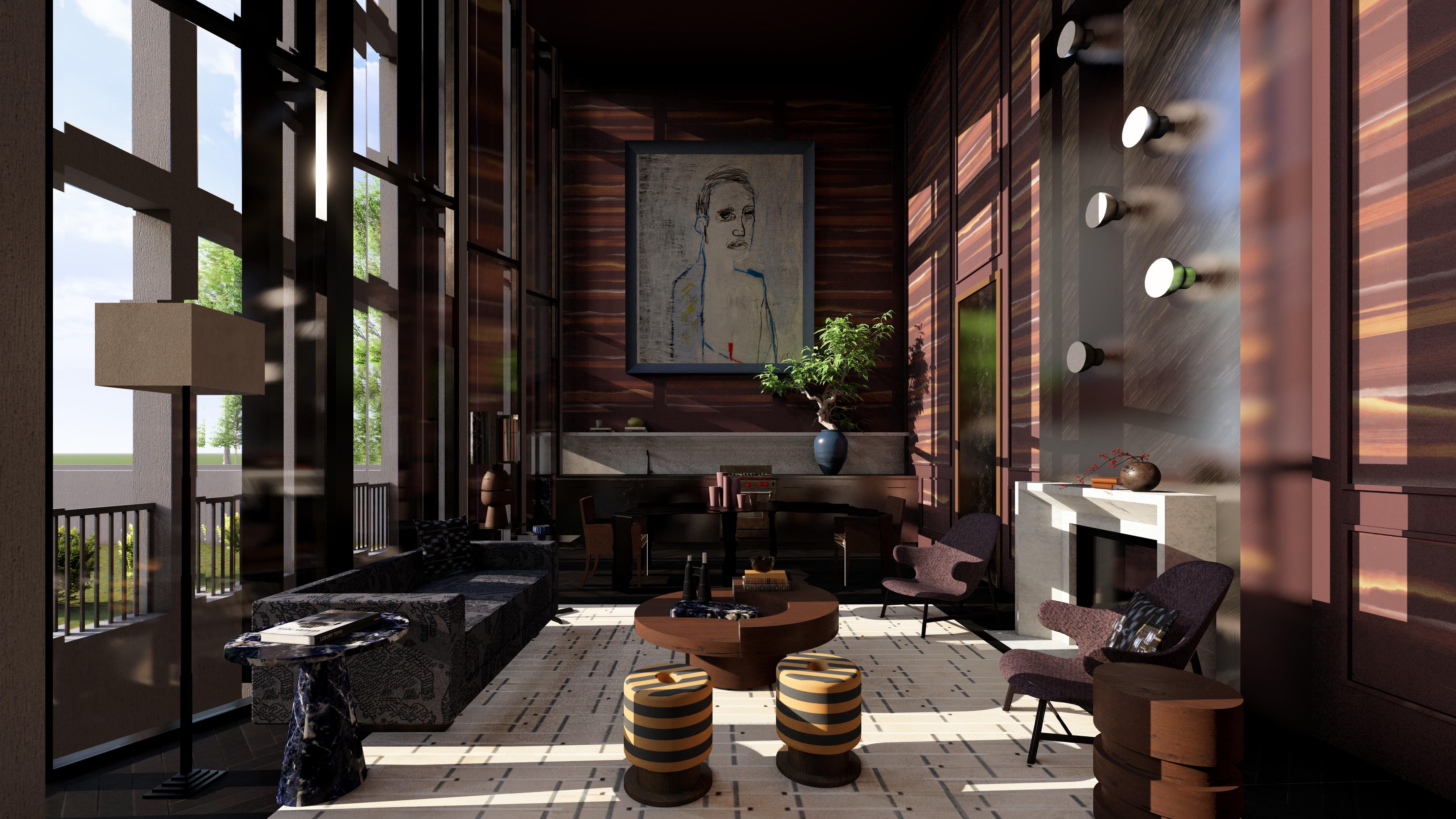 Double-height living space with large windows, dramatic lighting, and rich material palette, featuring layered furniture, artwork, and architectural detailing creating a moody, immersive atmosphere.