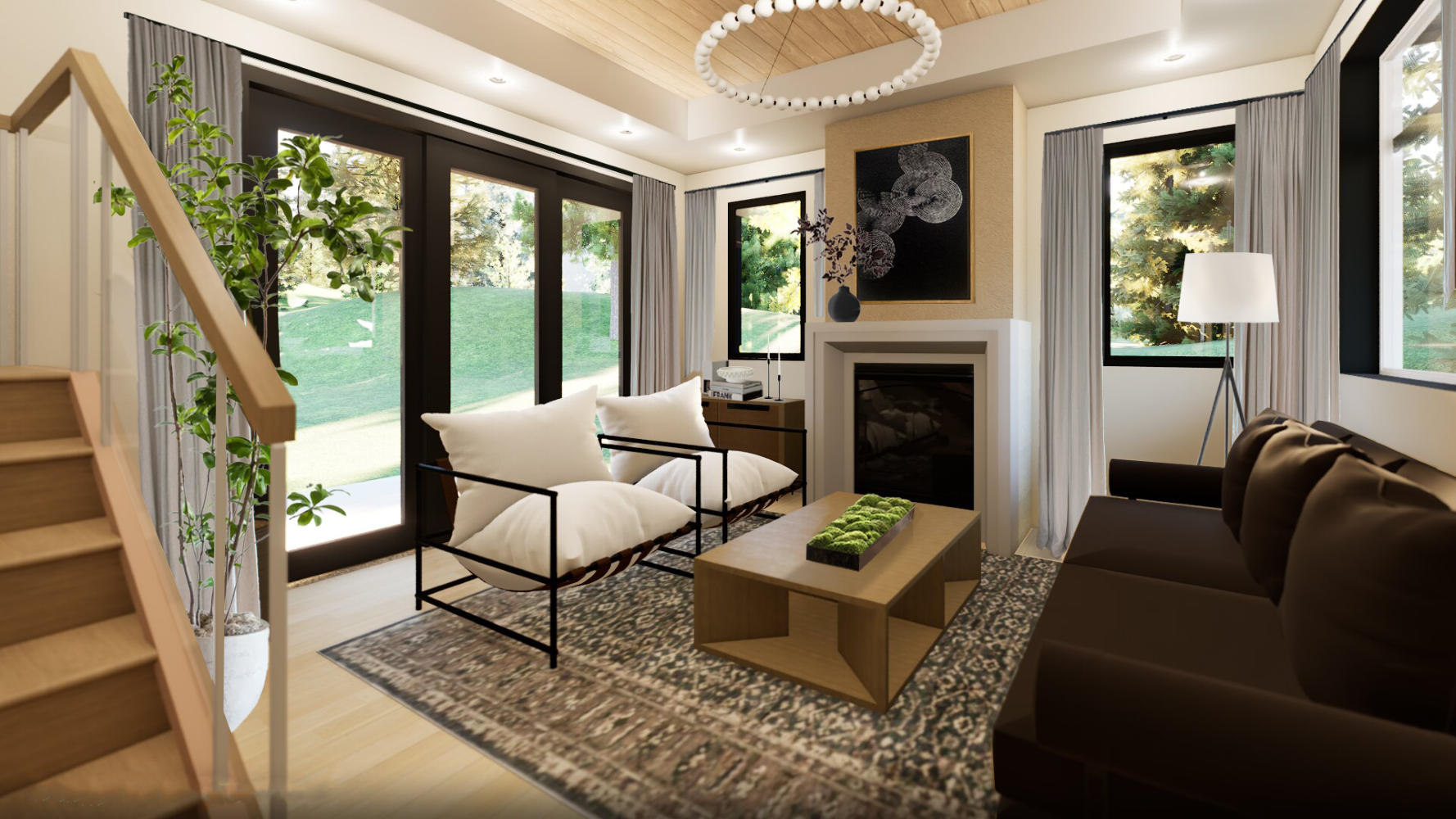 3D perspective rendering of a living room featuring light
oak stairs on the right side, a tall potted plant in the right
corner, two chair with a thin metal rod frame and white
cushions, a fireplace with a dark painting hung above it
that is black with a white wood shape, a window on each
side of the fireplace, a light in the corner, a dark brown
sofa, and a like oak coffee table n the center with a
potted plant of top and a traditional carpet underneith.
The ceiling has a painted white gyo drop down along the
sides and the center is a slat wood material with a light
hanging in the center.