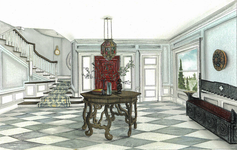 A hand-rendered interior perspective of a traditional foyer, featuring a grand staircase with white
balusters and a patterned runner ascending along the left wall. The space is defined by classic
wall paneling and a checkerboard marble floor in soft gray, blue, and cream tones. At the center,
an ornate wooden table with carved legs holds decorative objects and branches, positioned
beneath a colorful, faceted pendant light. A bold red door anchors the back wall, adding contrast
to the otherwise muted palette. To the right, a dark wooden bench with carved detailing sits
below a large window overlooking greenery, while additional wall art and decorative accents
reinforce the formal, historic character of the space.