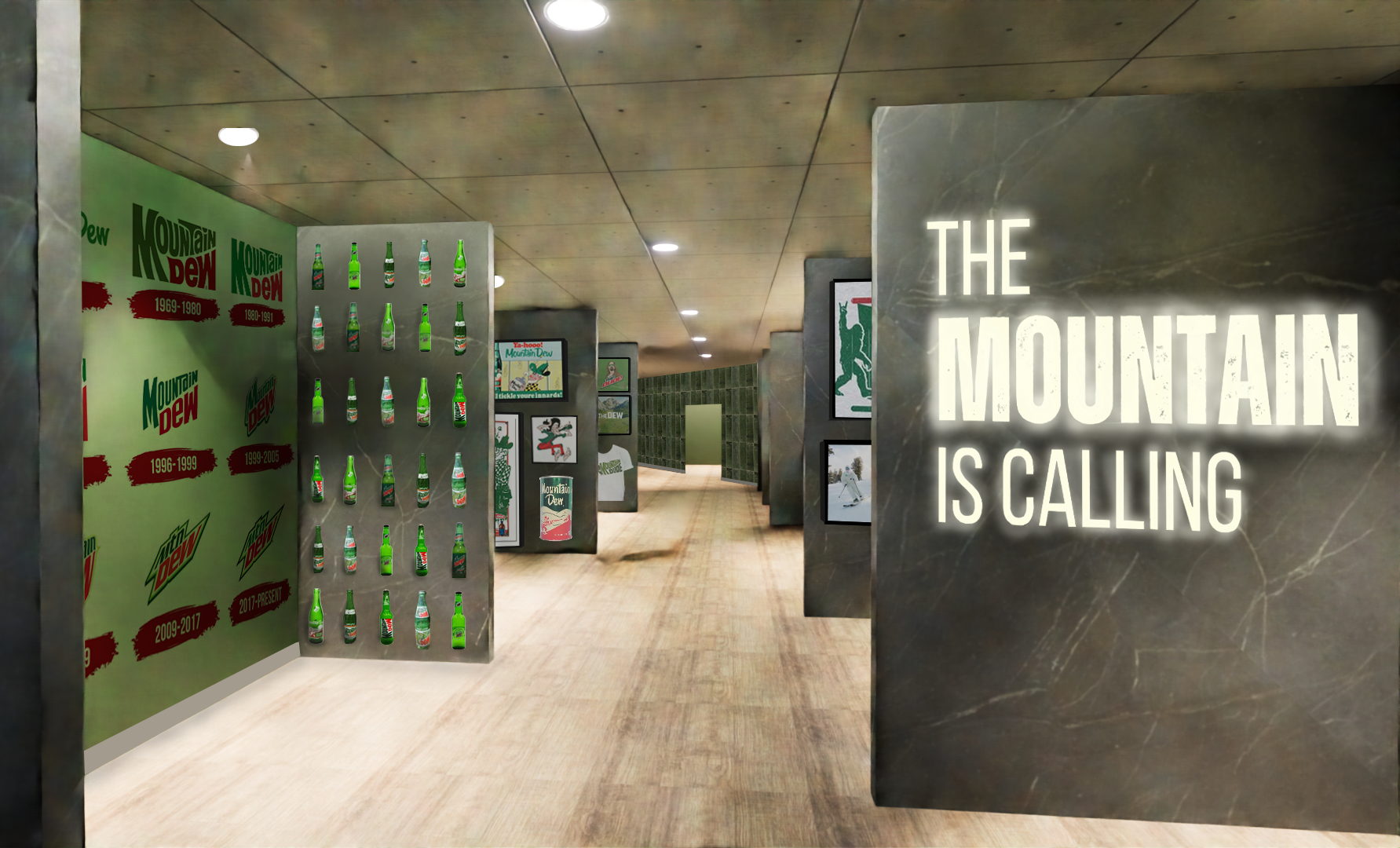 Interior rendering of an Mountain Dew exhibit gallery featuring illuminated signage, branded wall graphics, and a display of bottles, creating an immersive retail or museum experience.