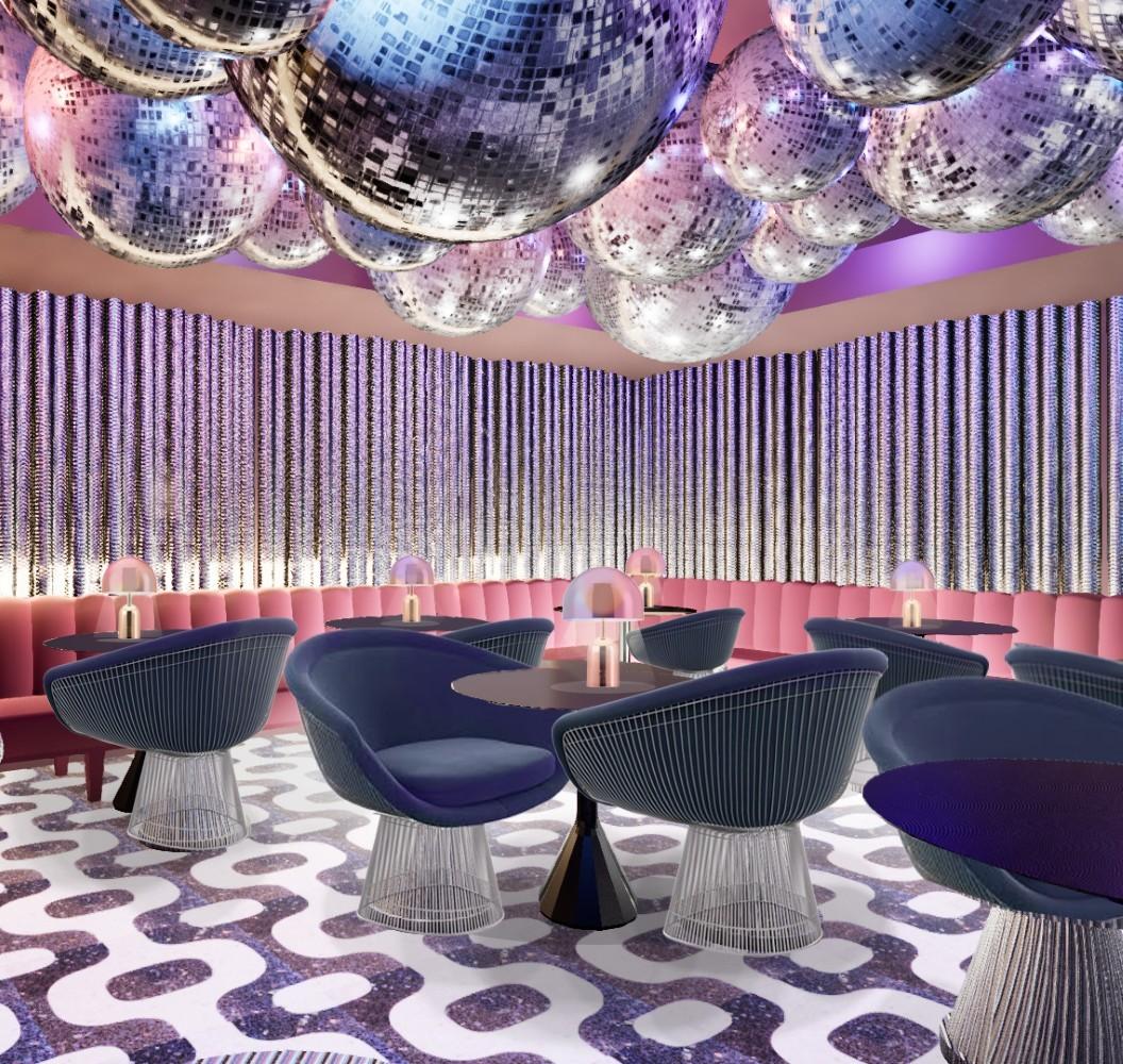 3D perspective rendering of a disco inspired Karaoke
bar featuring a black and white 70s inspired tile, pink
cushioned modular seating along the walls, a plater chair
in a siling and blue velvet finish in the center. The walls
have a chain metal curtain covering the entire face and
the ceiling is covered with various sized disco balls
reflecting the blue, pink, and purple colors of the room.