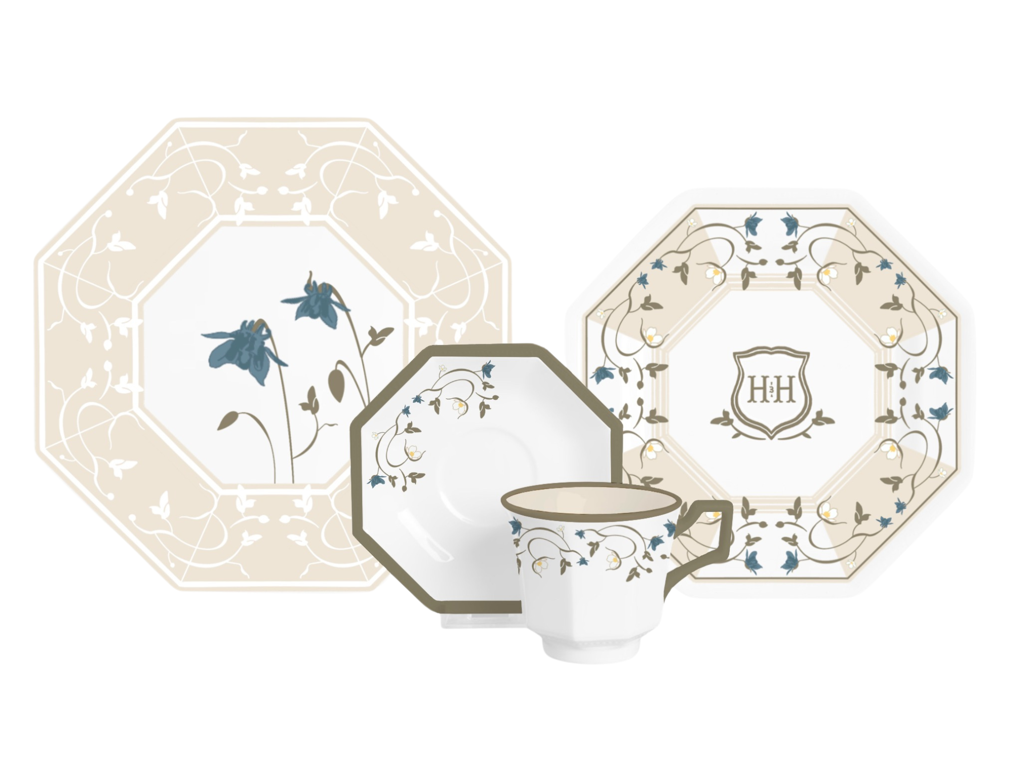 An elegant octagonal dinnerware set is displayed, featuring a cream and taupe color palette with delicate floral vine motifs and blue flower accents. The collection includes two large plates, a smaller saucer, and a matching teacup, with one plate showcasing a central
"HH" crest.