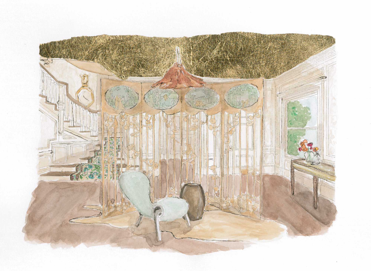 Watercolor rendering of a home entry featuring
a gold-leaf ceiling, a staircase on the left with a
floral runner, and a central wooden screen. In
front sits a light turquoise chair paired with a
brass side table.