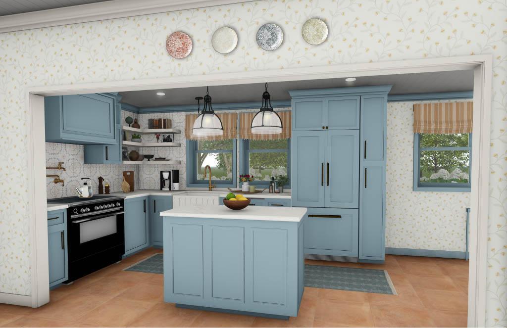 Kitchen rendering featuring light blue cabinetry, a central island, pendant lighting, patterned backsplash, and windows providing natural light.