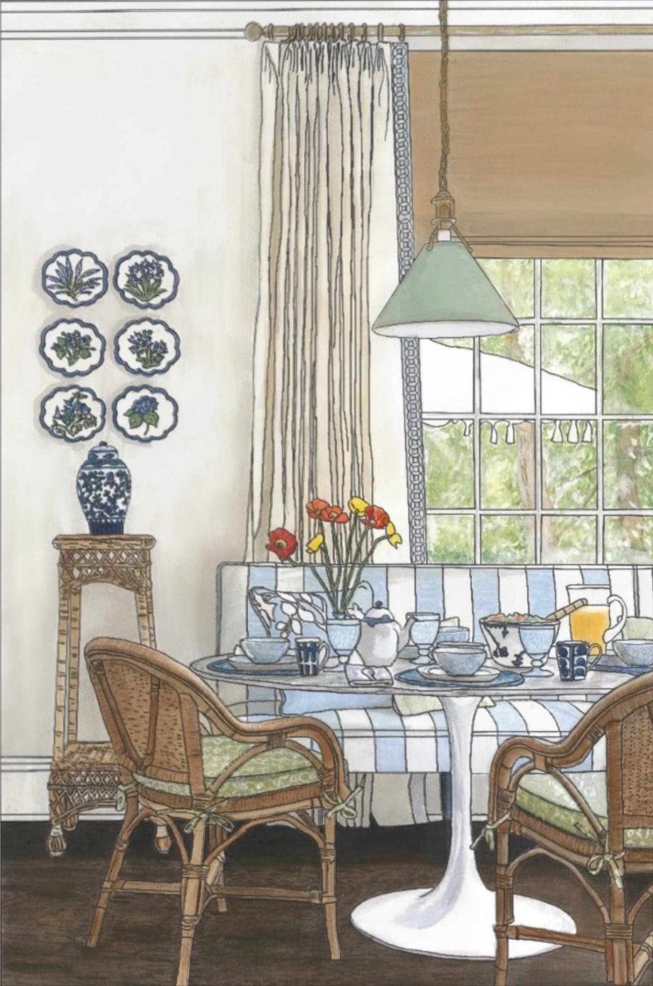Hand-rendered breakfast nook with striped banquette, wicker chairs, and window view