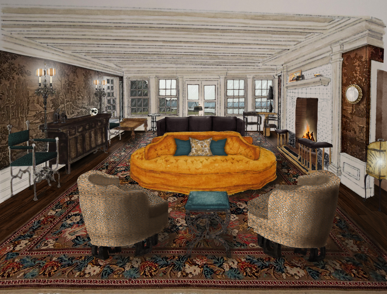Digitally rendered great room featuring a warm, layered interior with a
curved bronze mohair sofa, patterned area rug, and mixed vintage furnishings. The space
includes a wood-beamed ceiling, large windows, and a tiled fireplace with a lit hearth,
creating a cozy, collected atmosphere inspired by traditional design.