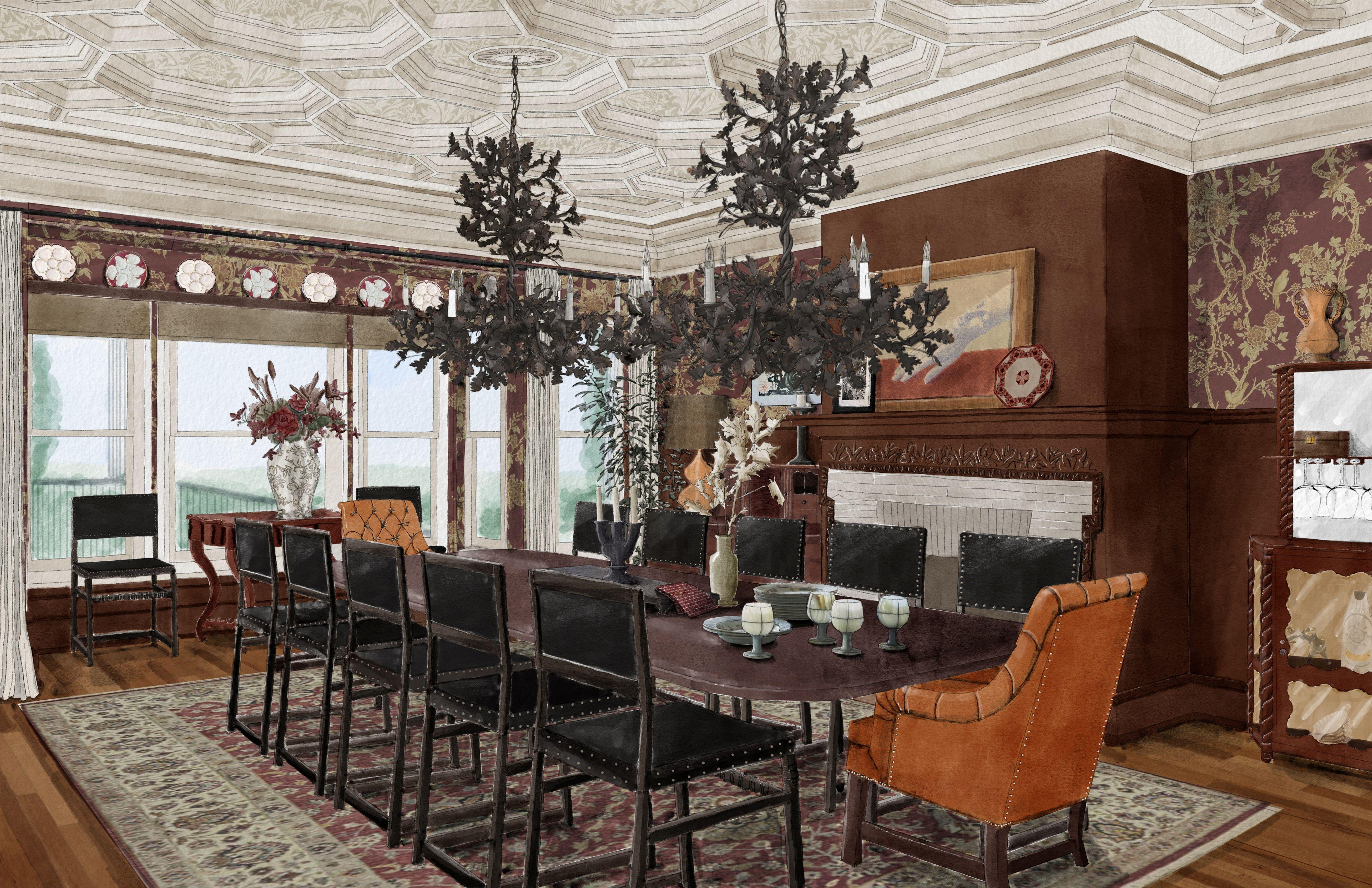 A hand-rendering in watercolor style of a formal dining room with leather dining chairs and a
branch-like chandelier hanging from an octagonal coffered ceiling