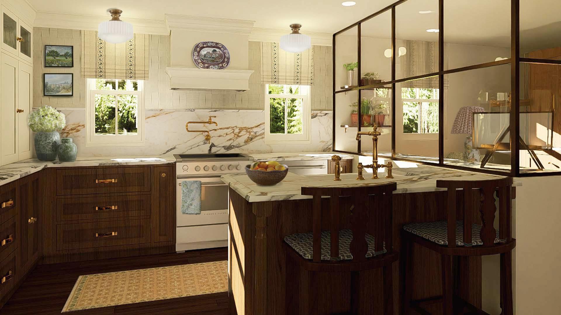 This interior rendering showcases a cozy breakfast nook featuring a built-in banquette
with striped cushions and a wooden dining table paired with two chairs. The space is
detailed with patterned wallpaper, a plaid recessed ceiling, and a linear brass light
fixture hanging above the seating area.
