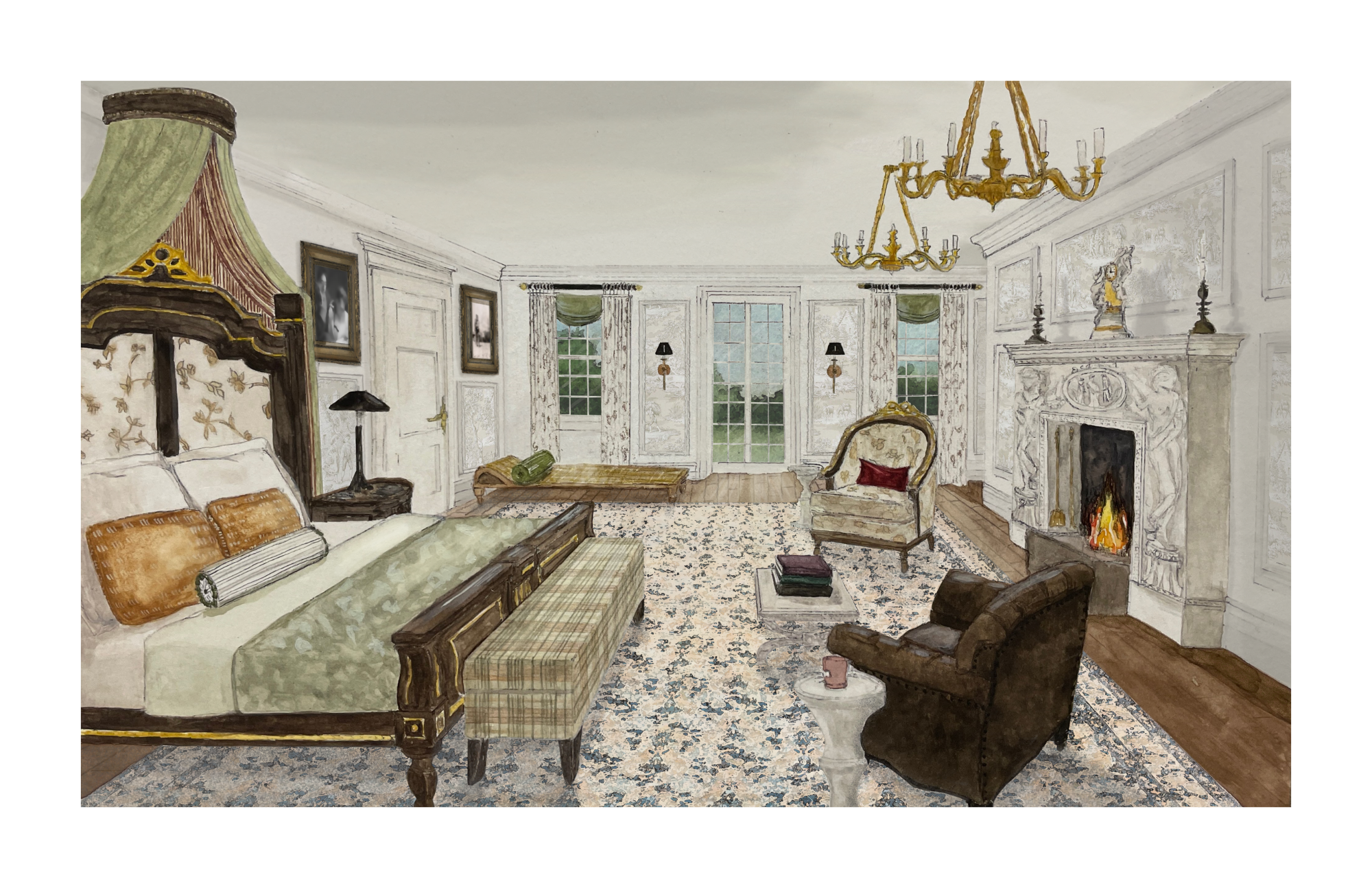 Hand rendering using watercolor for a visiting designer project featuring the primary bedroom in the Wetherill Estate. Features include a handcrafted wooden bed, furnishings, hand carved marble fireplace and views to the outdoors.
