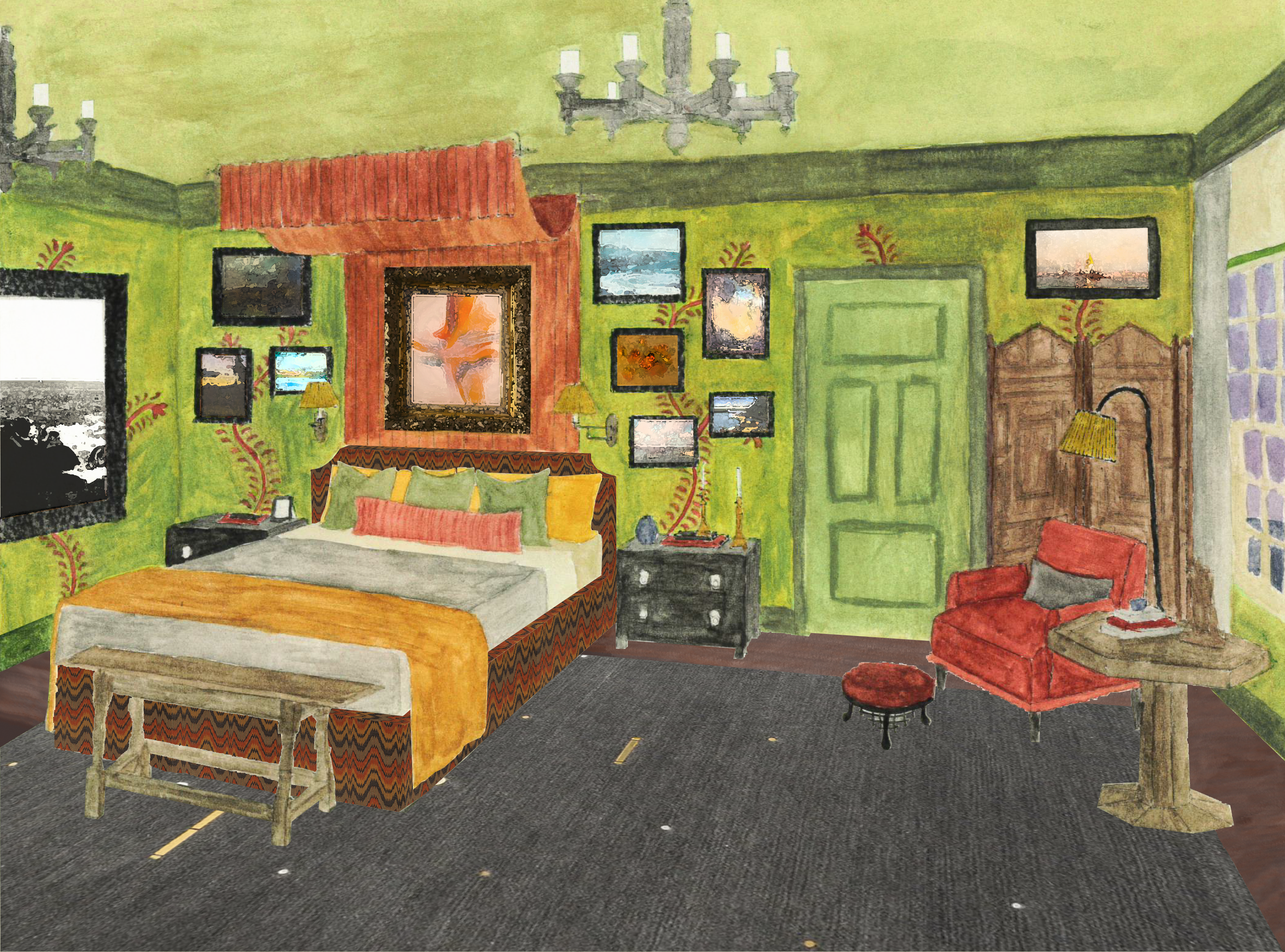 Colorful bedroom rendering with green walls, layered artwork, patterned textiles, and eclectic furnishings, creating a playful, maximalist space rich in texture and visual contrast.