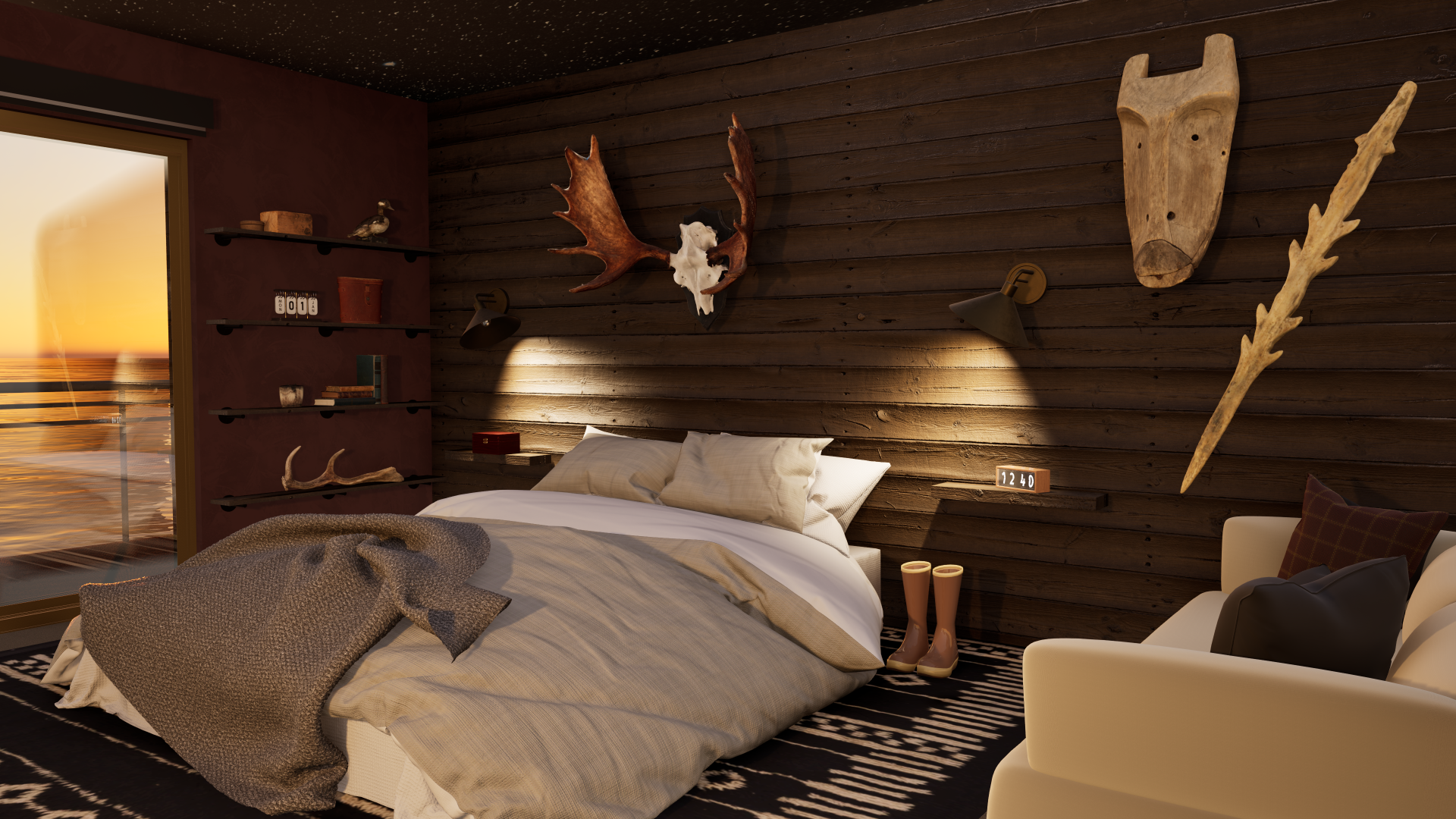 Interior rendering of a cruise ship stateroom inspired by the night sky in Alaska