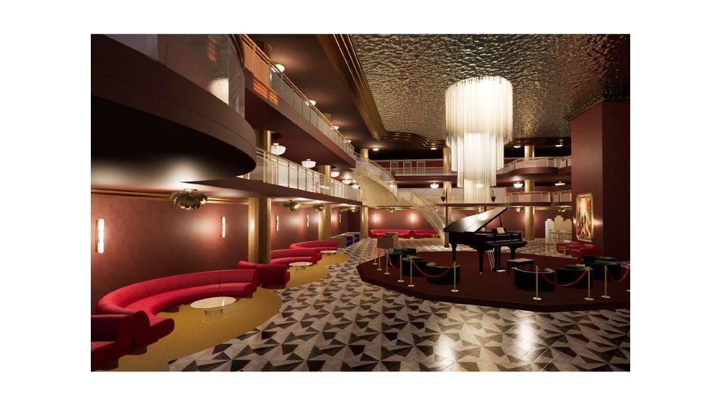 Interior rendering of a cruise ship atrium inspired by classic Hollywood glamour and the film Singin’ in the Rain. The double-height space features rich burgundy walls, gold accents, and a dramatic cascading chandelier. Curved balconies and a sweeping staircase frame a central stage with a grand piano, while plush red lounge seating lines the perimeter. A geometric patterned floor and soft, ambient lighting enhance the theatrical, vintage atmosphere.
