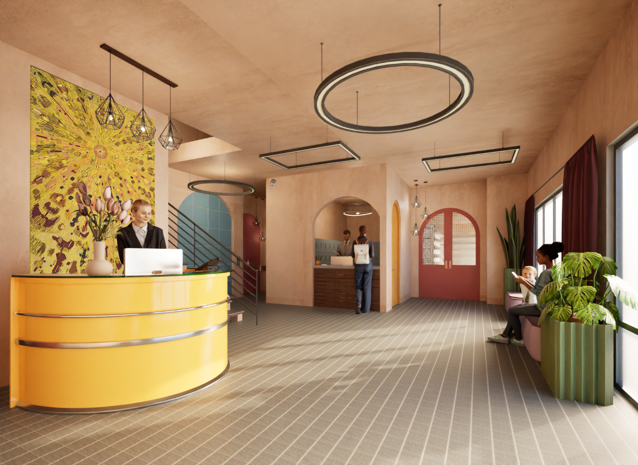 A realistic-style rendering of an interior lobby space of a museum. The walls and ceilings are a lime-washed peach paint, and the floor is gray checkered carpet. At the left there is a rounded yellow reception desk with an abstract painting of sunlight behind it, and a receptionist at a computer. Behind the desk are a stairway leading up, a blue elevator door, a hallway at the back, a desk for bag checks, and a red door to a gift shop. Along the right wall there are geometric planter boxes with various plants, and modular seating options near a large picture window. The chandeliers are large circle and square light strips.