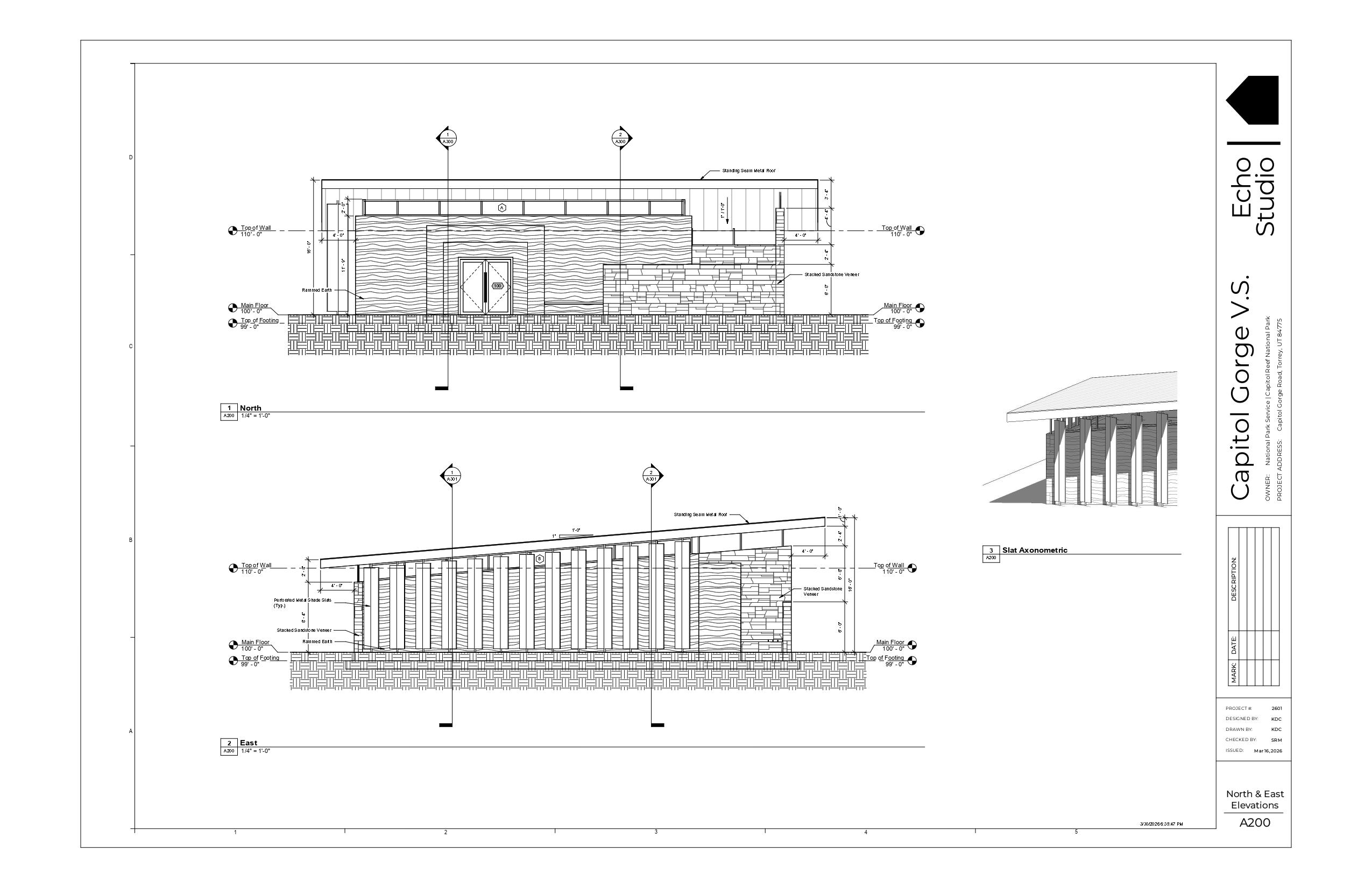 Construction document elevations of a desert visitor center