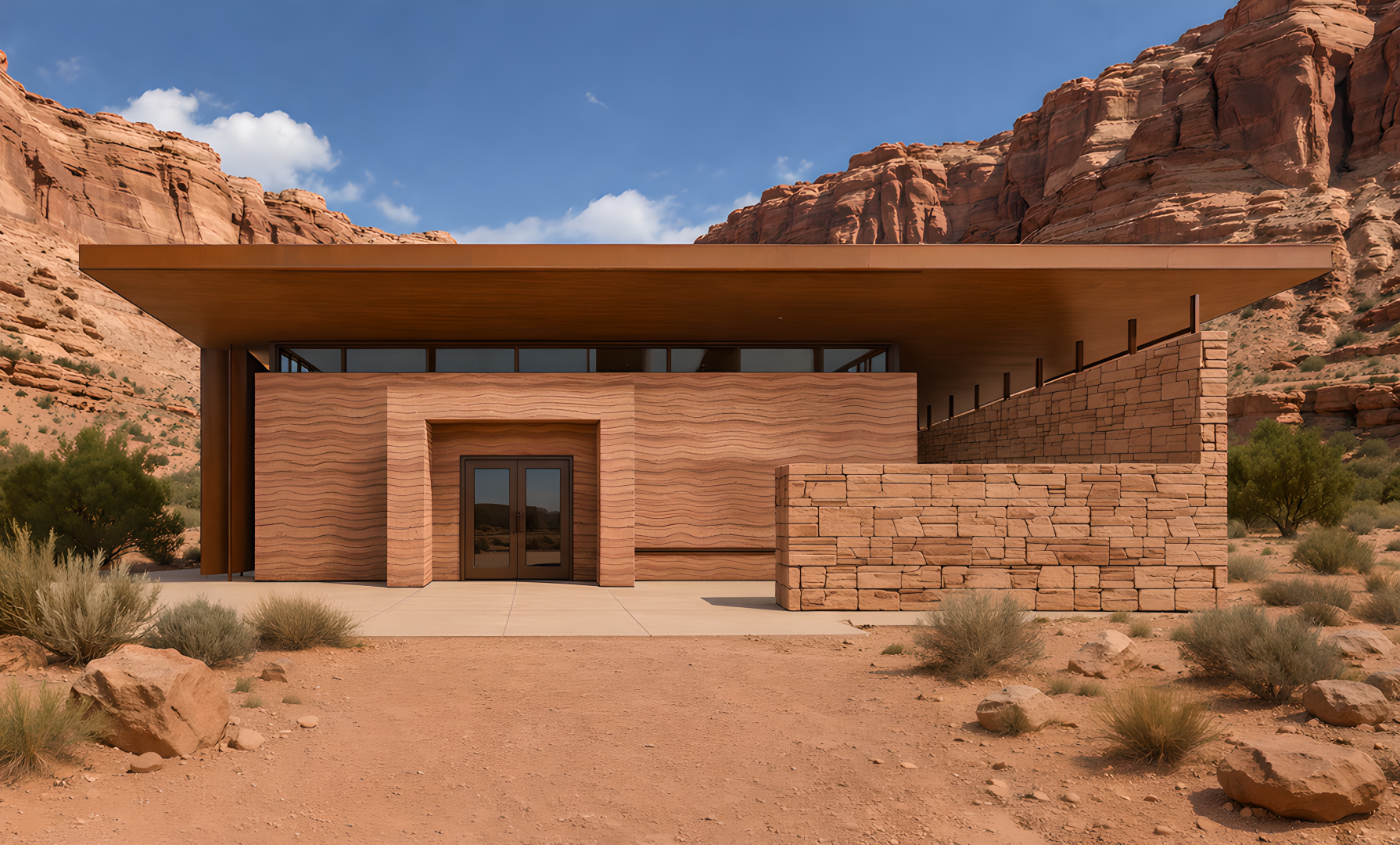 Rendering of a desert visitor center with red rock cliffs in the background
