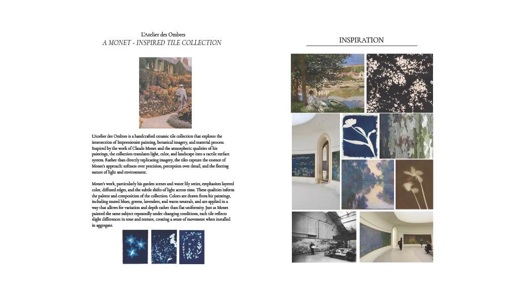 Presentation board for a Monet-inspired ceramic tile collection featuring descriptive text, tile studies, and a collage of Impressionist and botanical inspiration images.