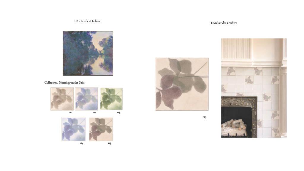 Tile collection board inspired by Monet’s “Morning on the Seine,” featuring soft botanical tile variations and a fireplace application.