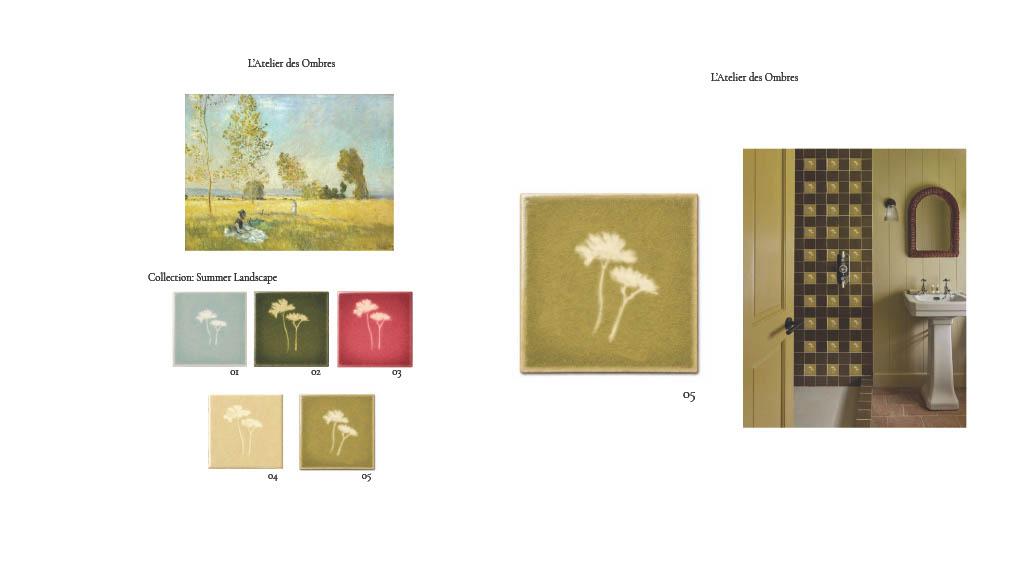 Design board displaying Monet-inspired ceramic tiles with botanical silhouettes in multiple colorways, alongside a reference painting and a bathroom interior demonstrating tile application.