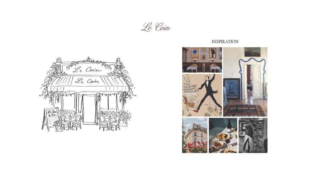Hand-drawn storefront sketch for “Le Coin” French restaurant with outdoor café seating, paired with a collage of interior, art, and Parisian-inspired references.