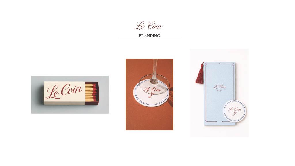 Branding materials for “Le Coin” including a matchbox, coaster, and menu design featuring a cohesive logo and color palette.