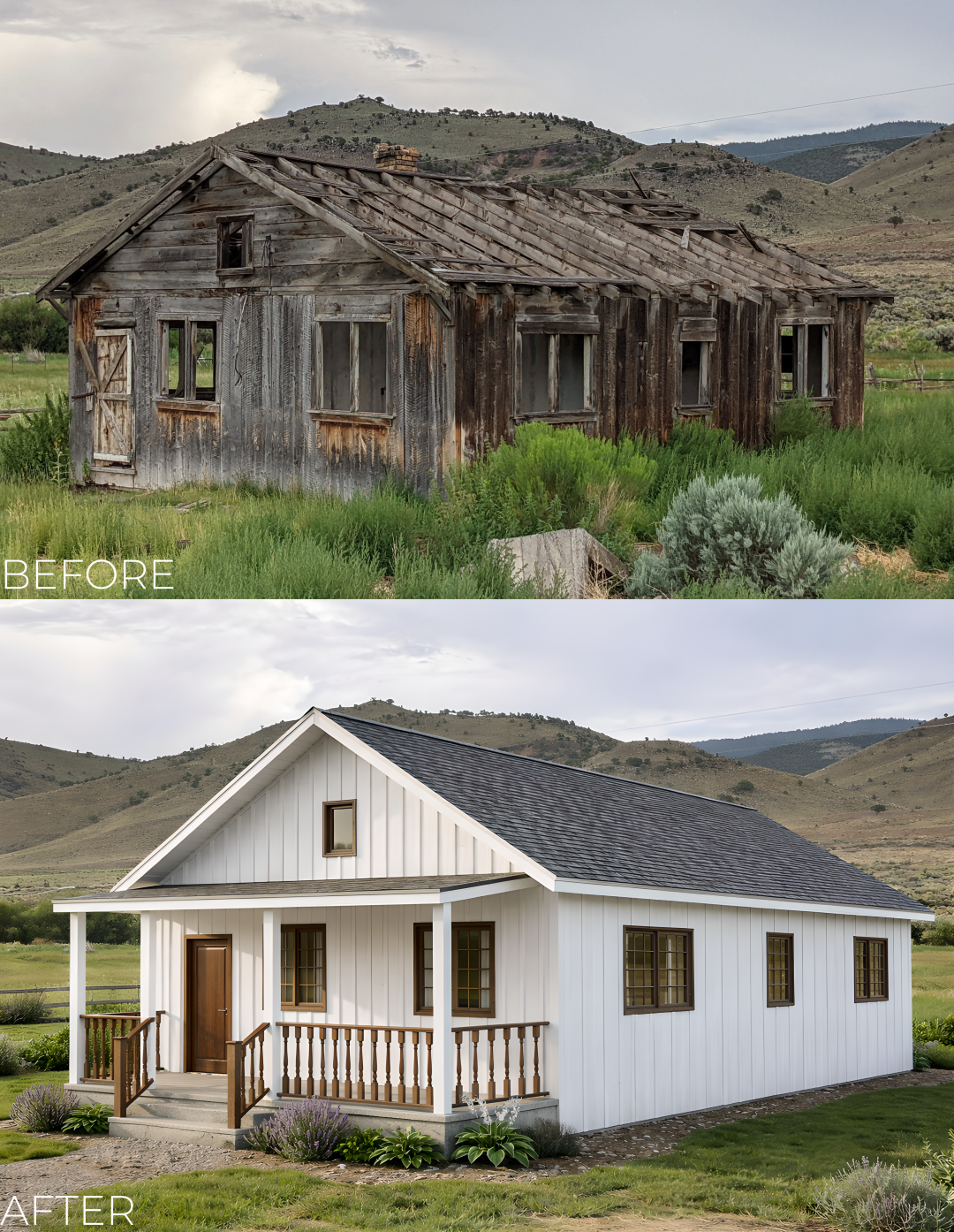 Before and after exterior images of a renovated pioneer-inspired residence