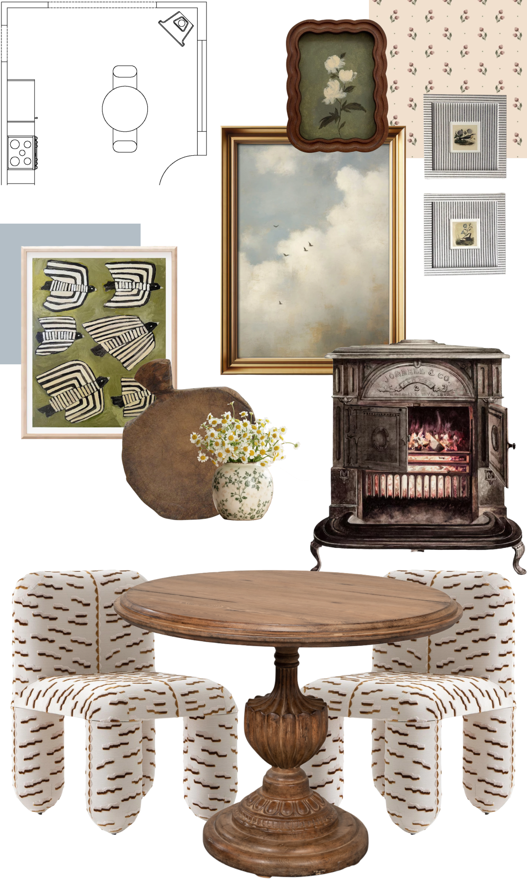 Furniture and fixtures board for the interior of a renovated pioneer-inspired residence