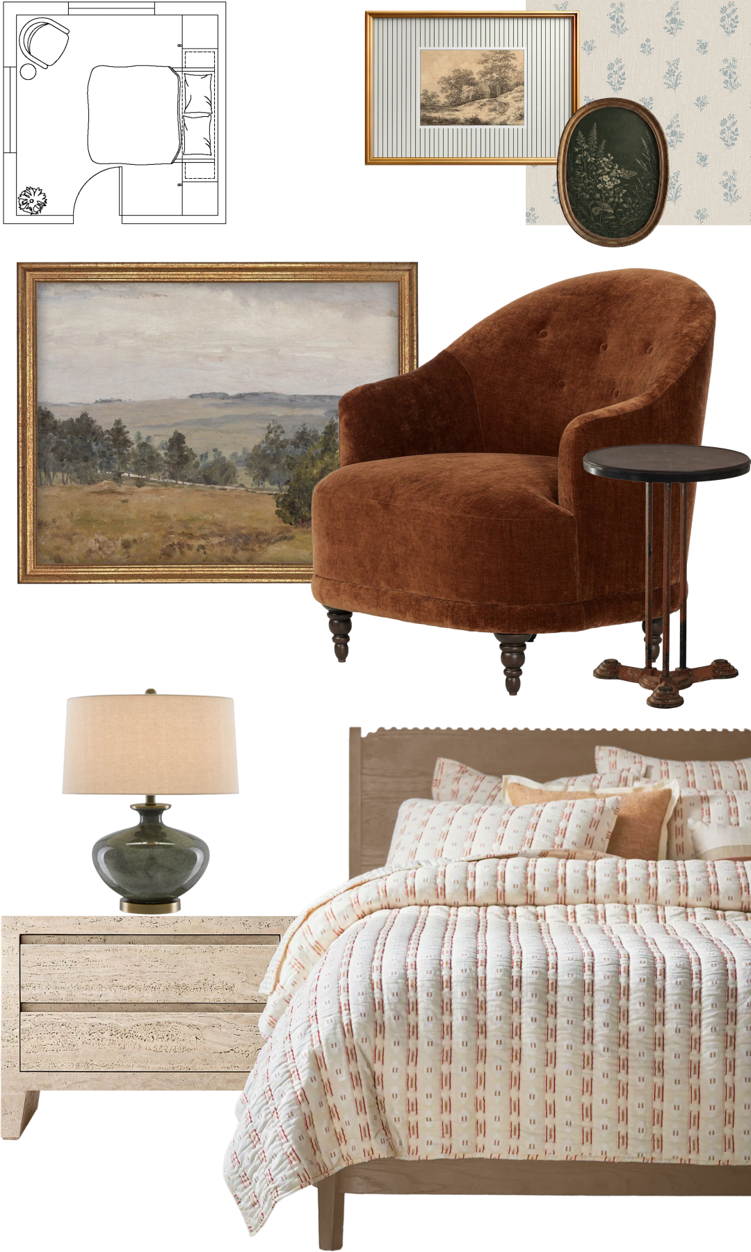 Furniture and fixtures board for the interior of a renovated pioneer-inspired residence