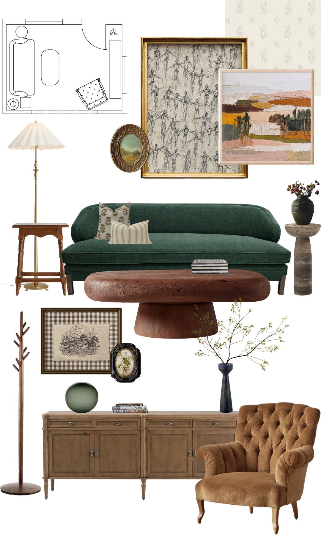 Furniture and fixtures board for the interior of a renovated pioneer-inspired residence