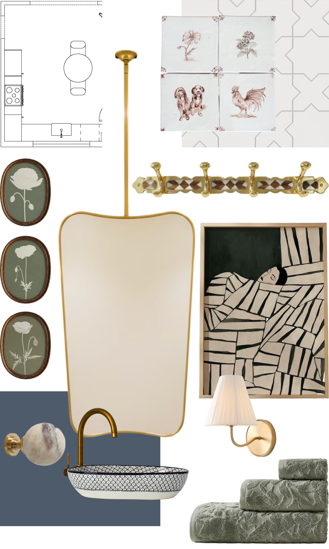 Furniture and fixtures board for the interior of a renovated pioneer-inspired residence