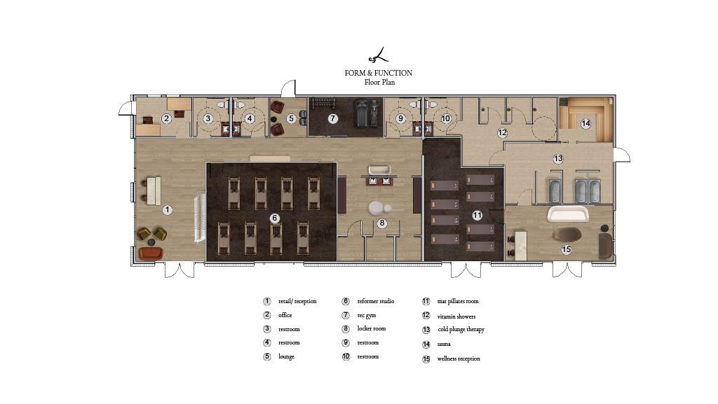 Detailed floor plan of a Pilates and wellness studio with labeled spaces including retail reception, reformer studio, mat Pilates room, locker rooms, showers, sauna, and cold plunge therapy.