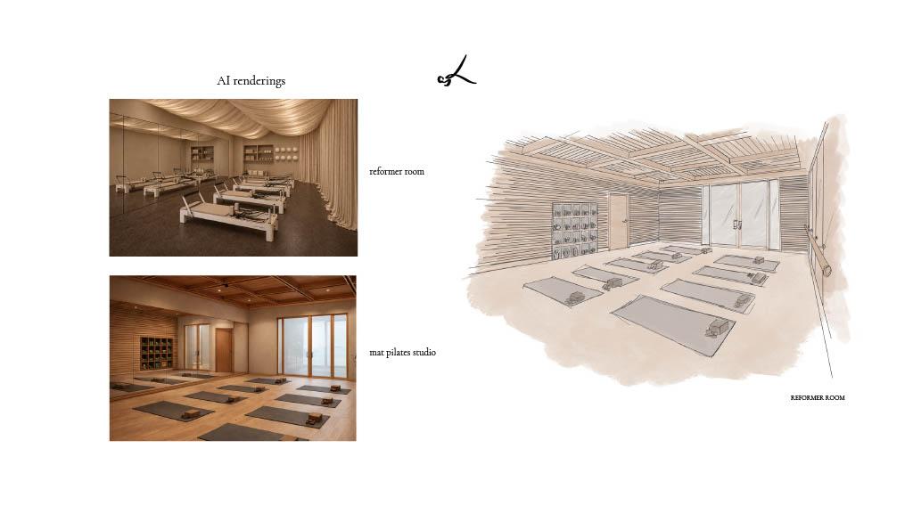 Pilates studio presentation featuring AI renderings of reformer and mat rooms alongside a hand-drawn reformer room concept sketch.