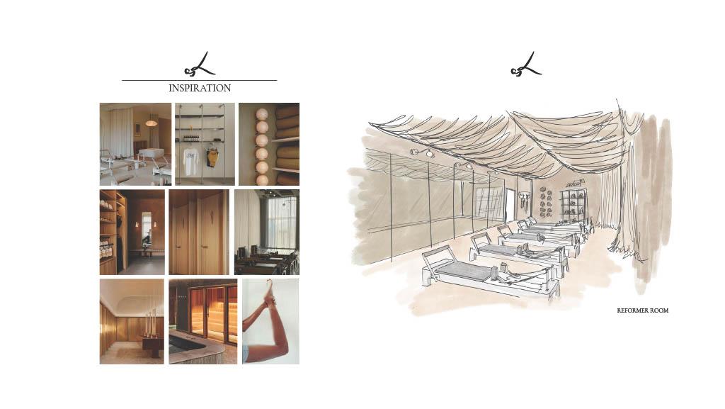 Pilates studio presentation featuring AI renderings of reformer and mat rooms alongside a hand-drawn reformer room concept sketch.