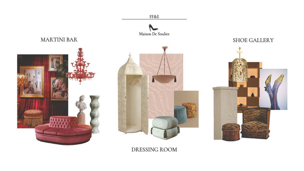 FF&E board for Maison de Soulier featuring a martini bar, dressing room, and shoe gallery selections, including seating, lighting, and display elements.