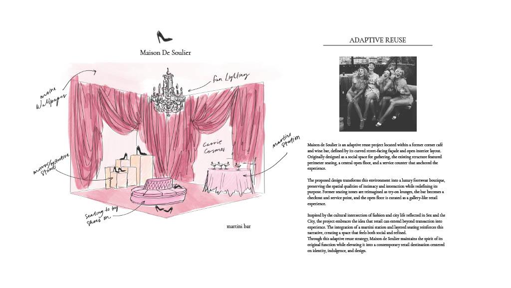 Maison de Soulier retail concept sketch with pink drapery, display platforms, and seating, paired with an adaptive reuse narrative and reference image.