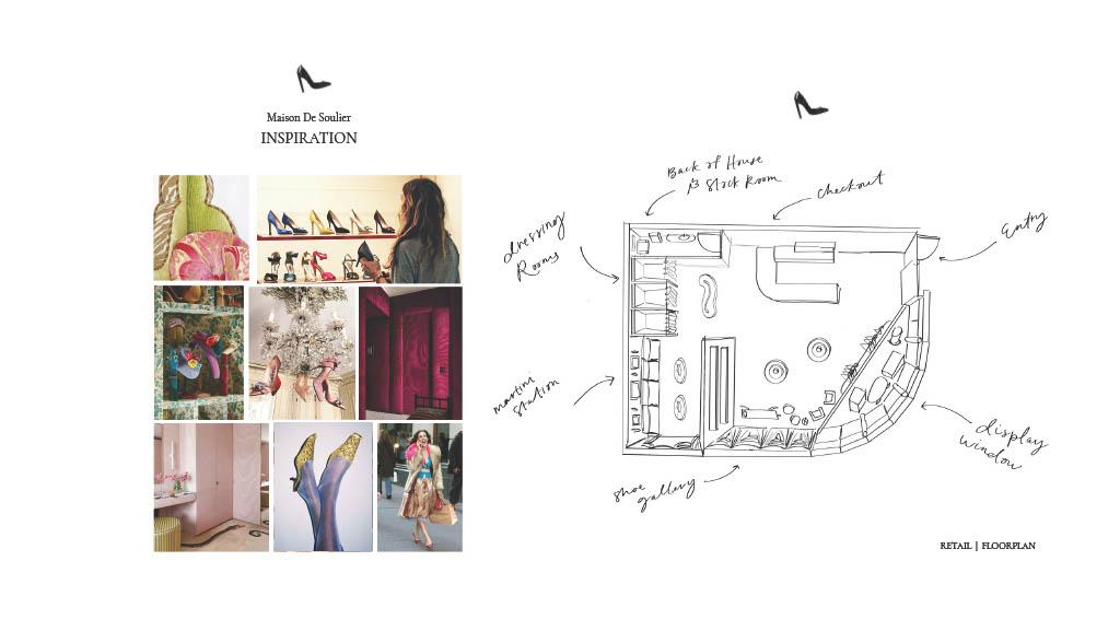 Maison de Soulier retail concept board featuring shoe and fashion inspiration images alongside a hand-drawn boutique floor plan.
