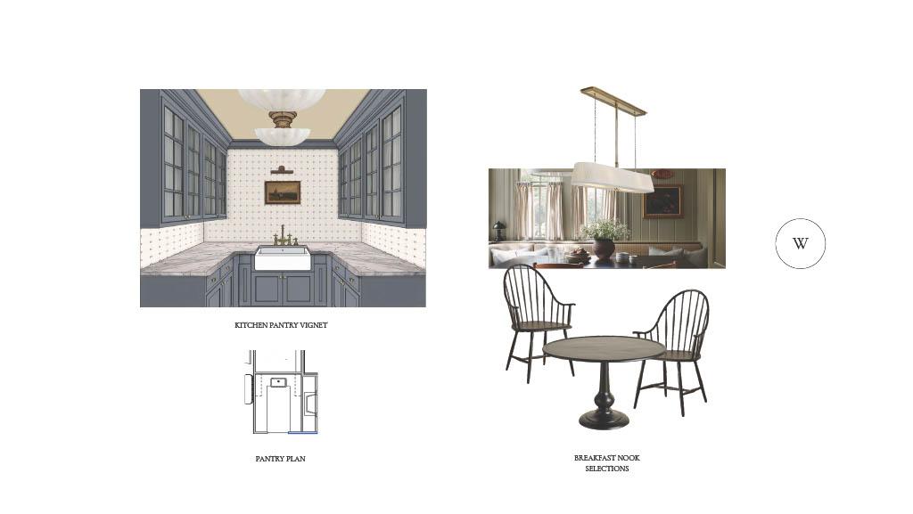 Kitchen pantry elevation rendering with blue cabinetry, marble countertops, and patterned tile backsplash, paired with a small pantry floor plan and breakfast nook furniture selections.