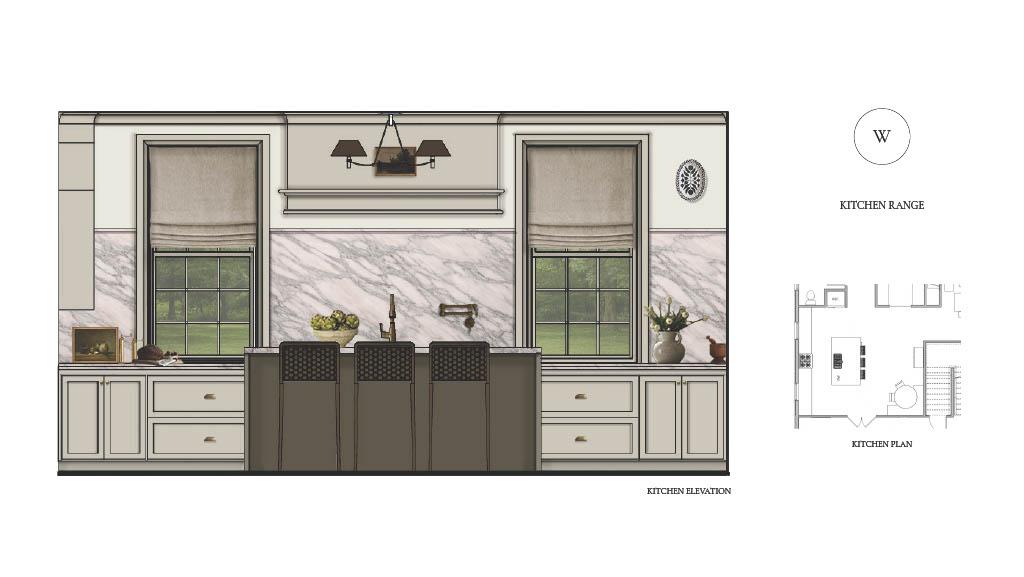 Rendered kitchen elevation showing upper and lower cabinetry, range wall, and material finishes, alongside a cropped floor plan highlighting the kitchen location and layout.