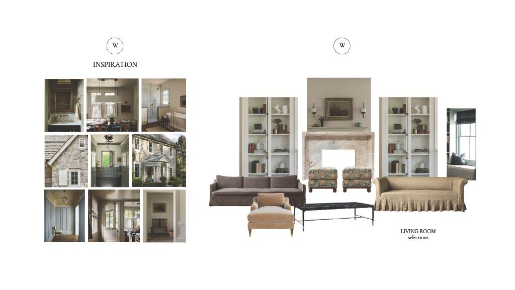 Living room inspiration board featuring traditional interiors and exterior references, paired with furniture selections including sofas, lounge seating, ottomans, built-in shelving, and a fireplace composition.