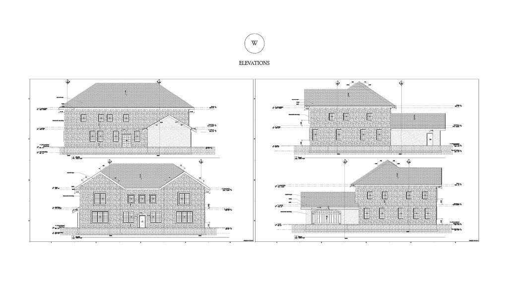 Architectural elevation drawings of a two-story stone residence showing front, rear, and side views with rooflines, windows, and material detailing.