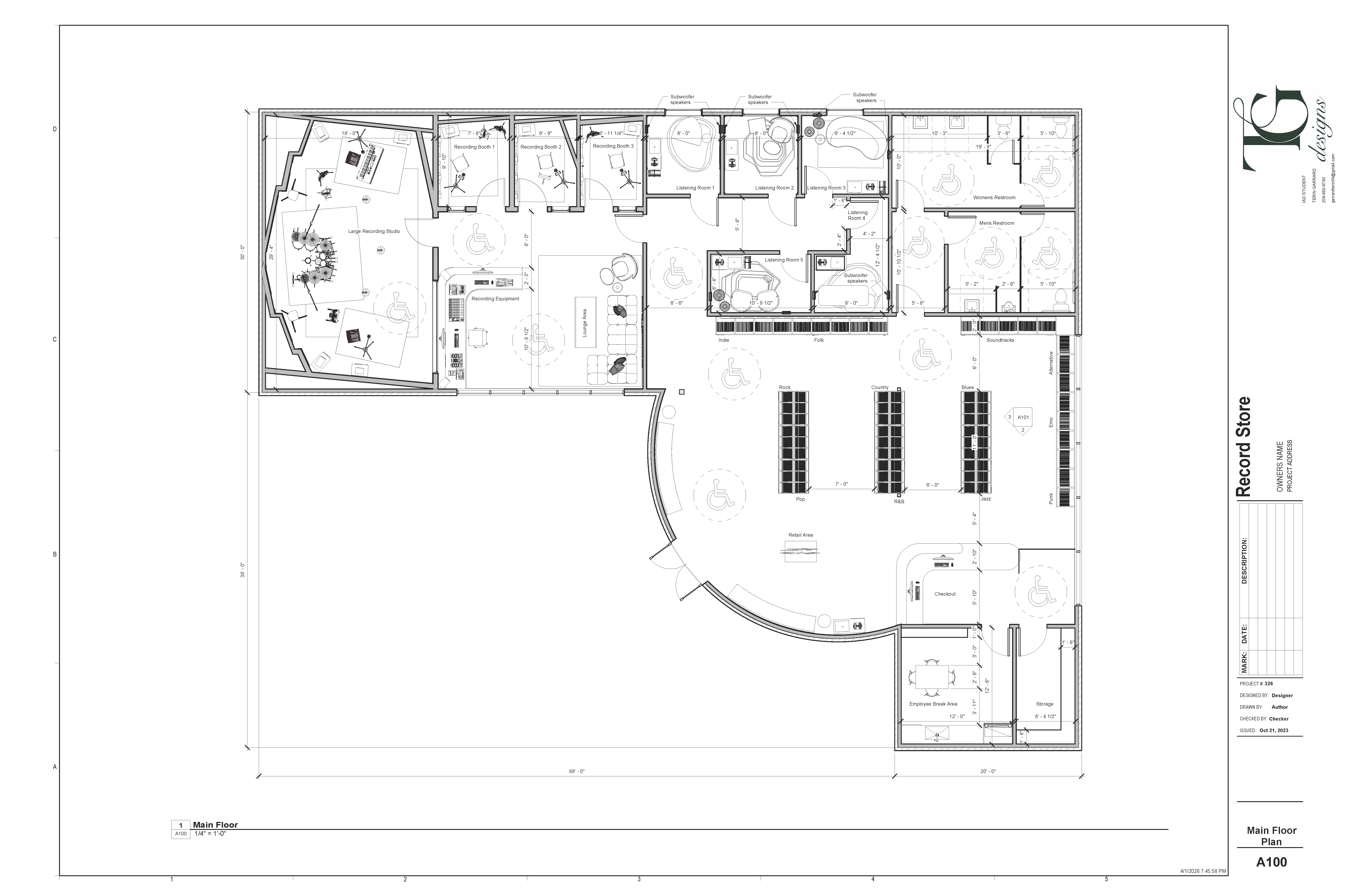 The floor plan of a vinyl record shop with a recording studio, featuring retail display shelves, listening rooms, recording booths, and support spaces.