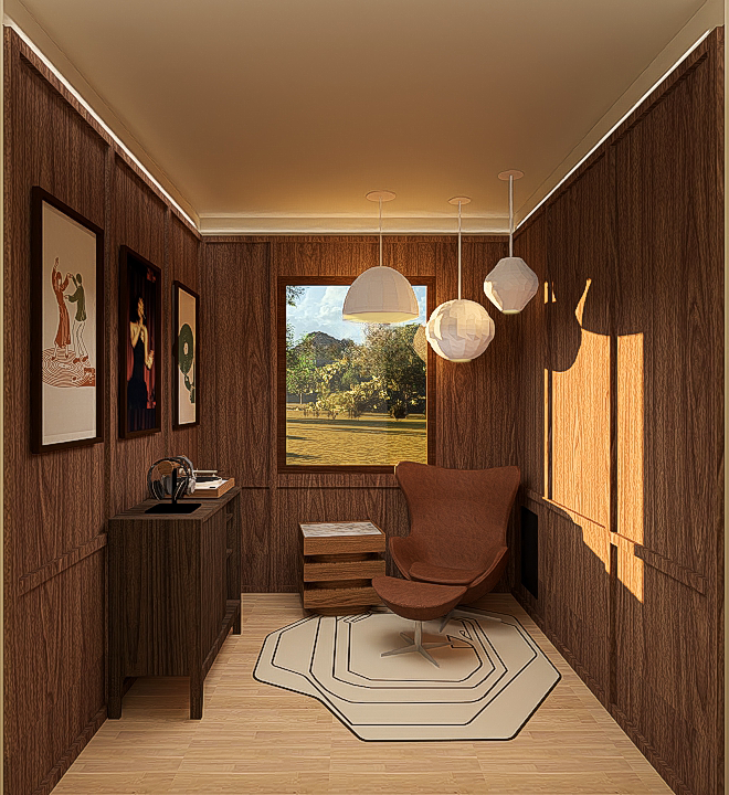 Interior rendering of a mid-century listening room with wood walls, built-in subwoofers, resonance flooring, and a vinyl record display.