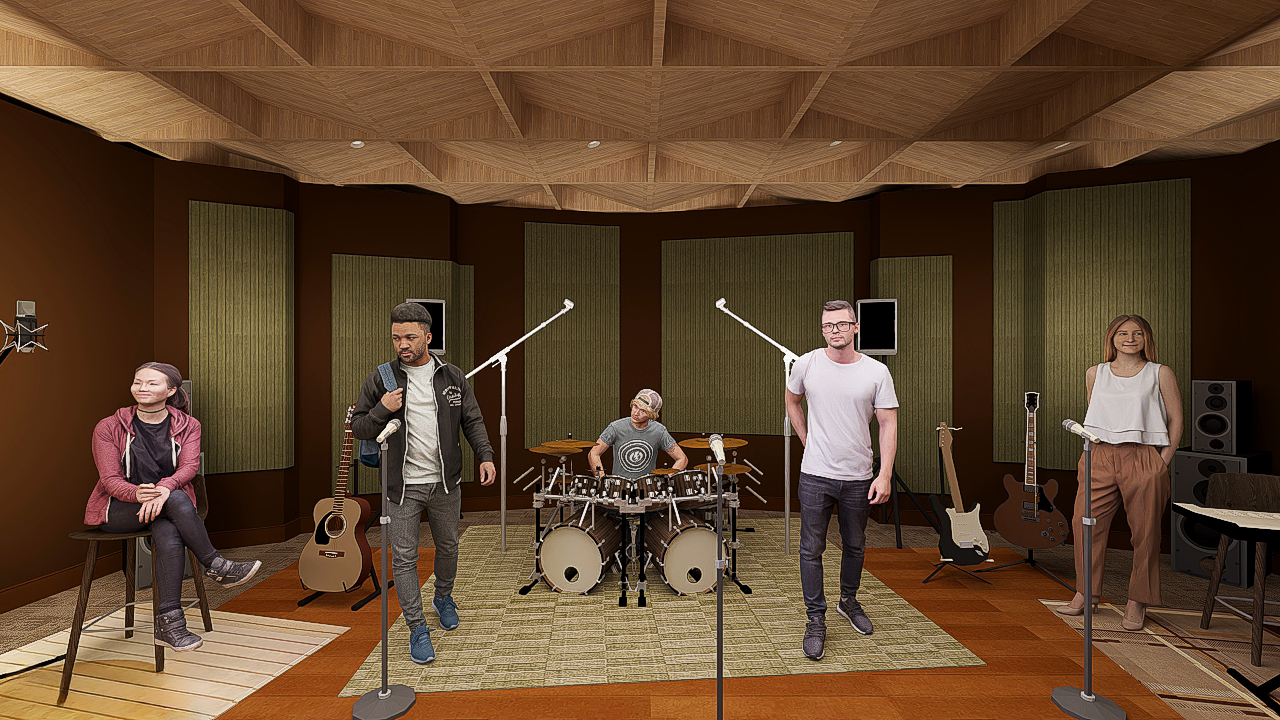 Moody mid-century modern recording studio interior with warm brown tones, angled walls, fabric acoustical panels, wood ceiling, and rugs for acoustics.