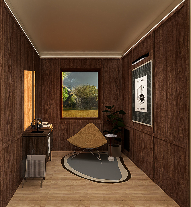 Mid-century modern listening room with warm wood walls, subwoofer speakers, resonance flooring, a playful rug, and a cozy chair.