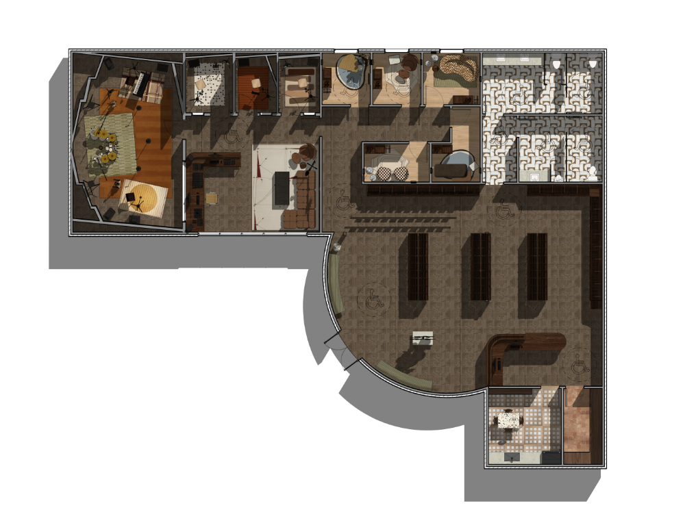 A rendered floor plan of a vinyl record shop and recording studio, highlighting materials and finish selections.