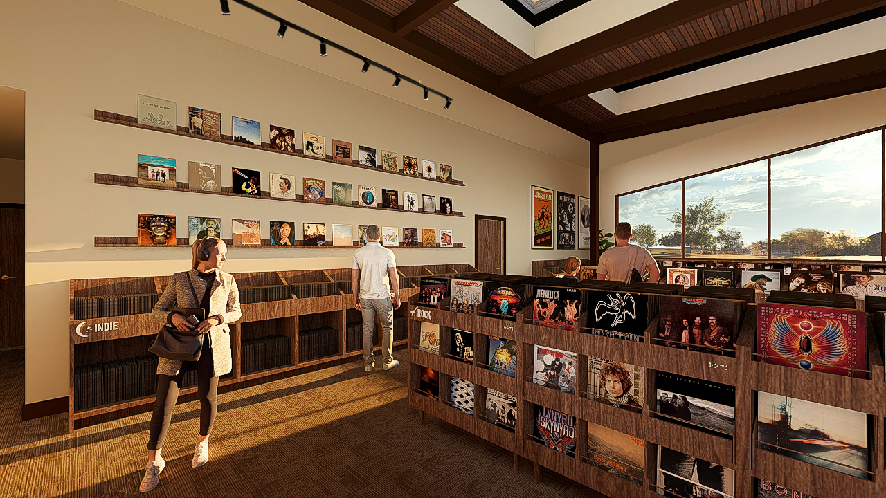 Vinyl retail store interior view with mid-century modern custom record displays featuring specific signage and braille.