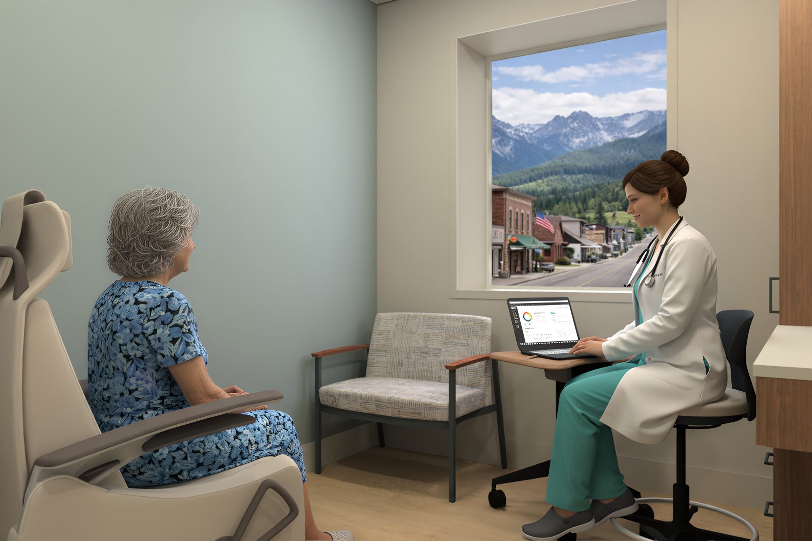 Interior rendering of a primary care clinic in rural Northwest Montana
