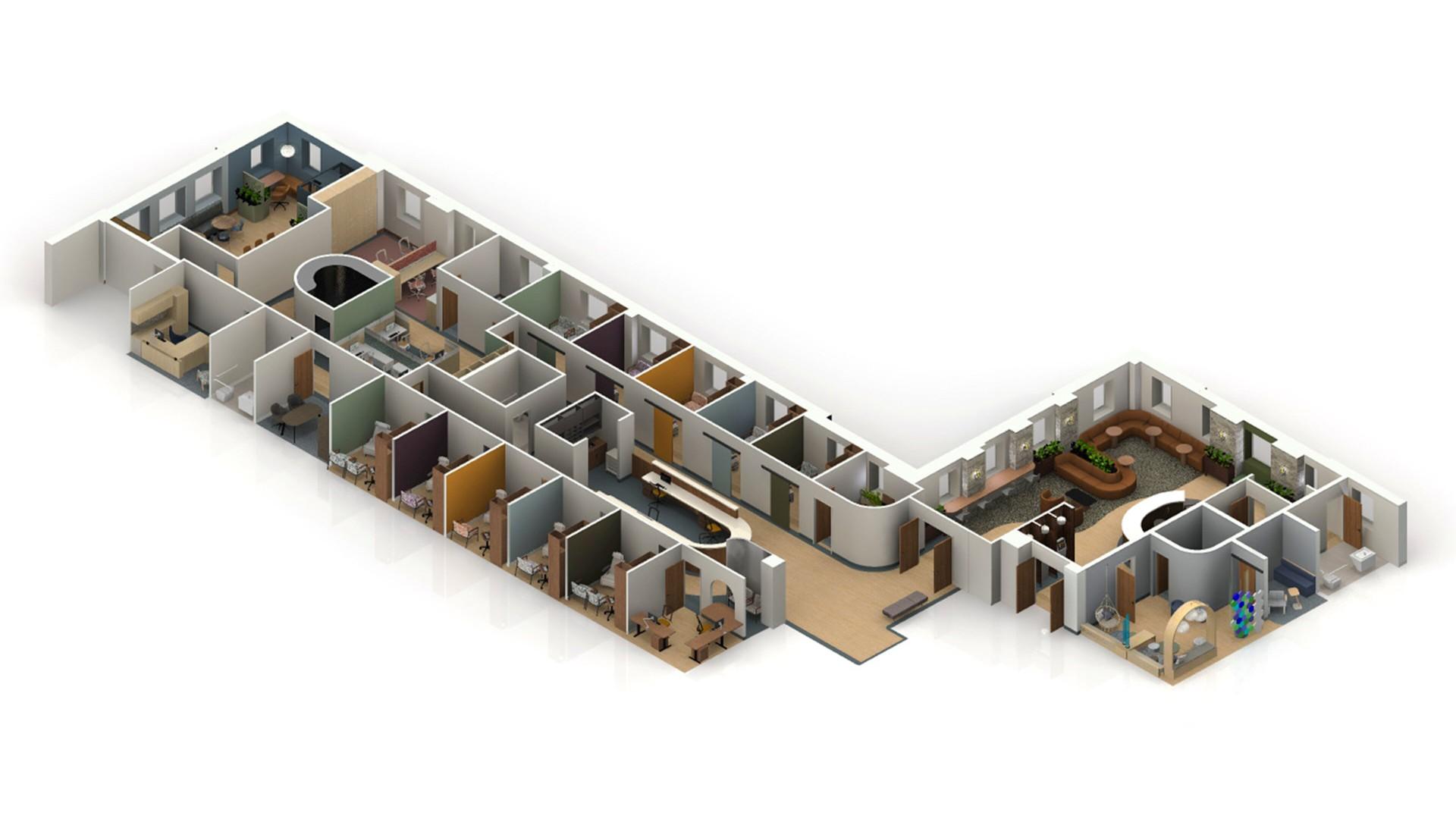 Birds eye view orthographic floor plan of a primary care clinic